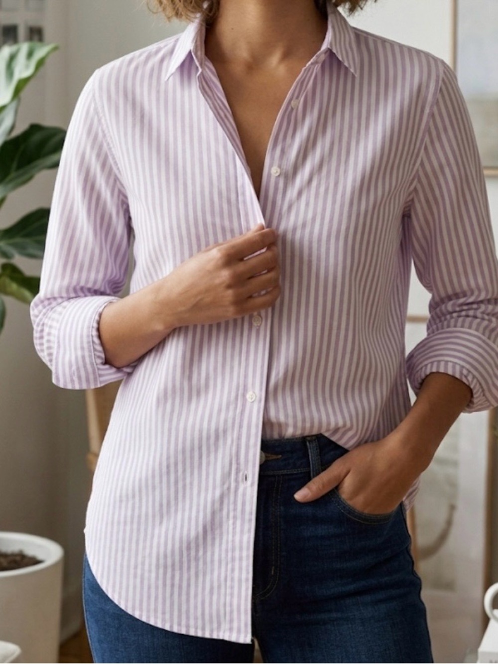 UNIQLO 100% Linen Pink White Stripe Button Down Shirt Small